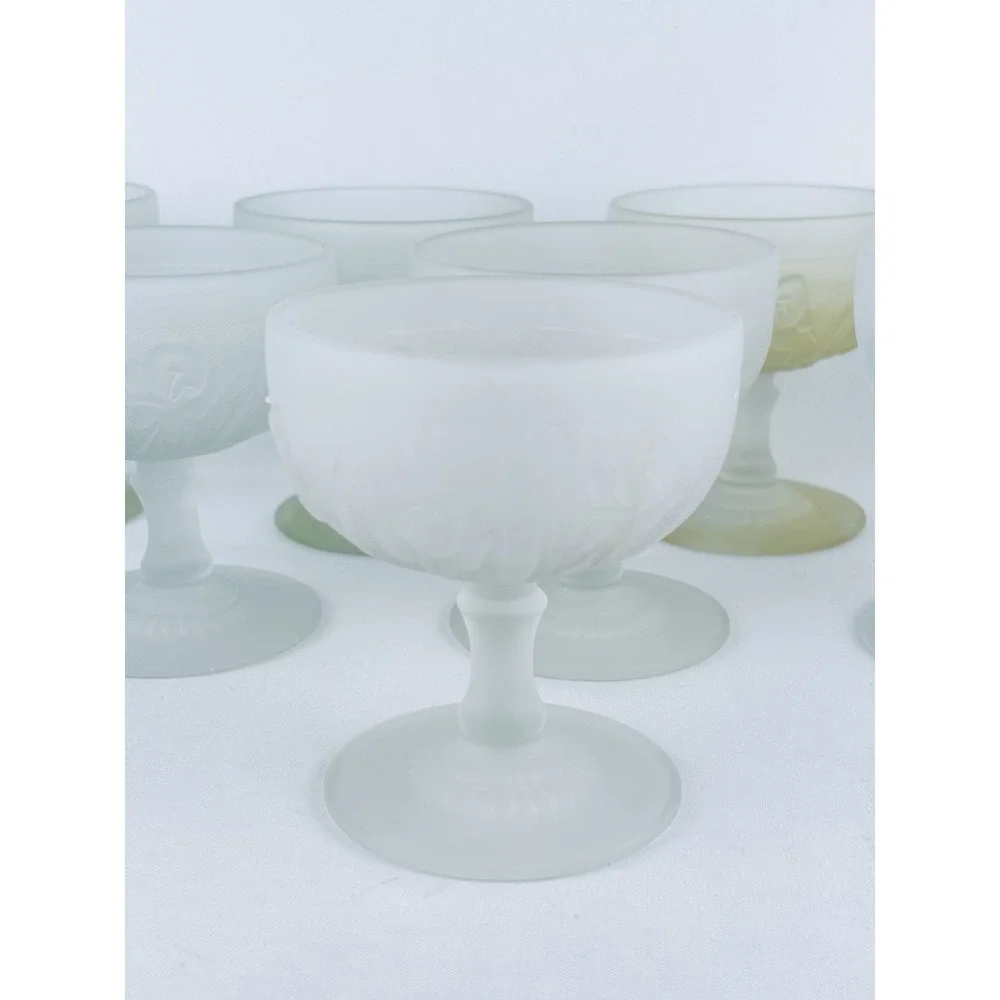 VTG Set 8 Jeanette Glass Frosted Iris & Herringbone Goblets Champagne Sherbet